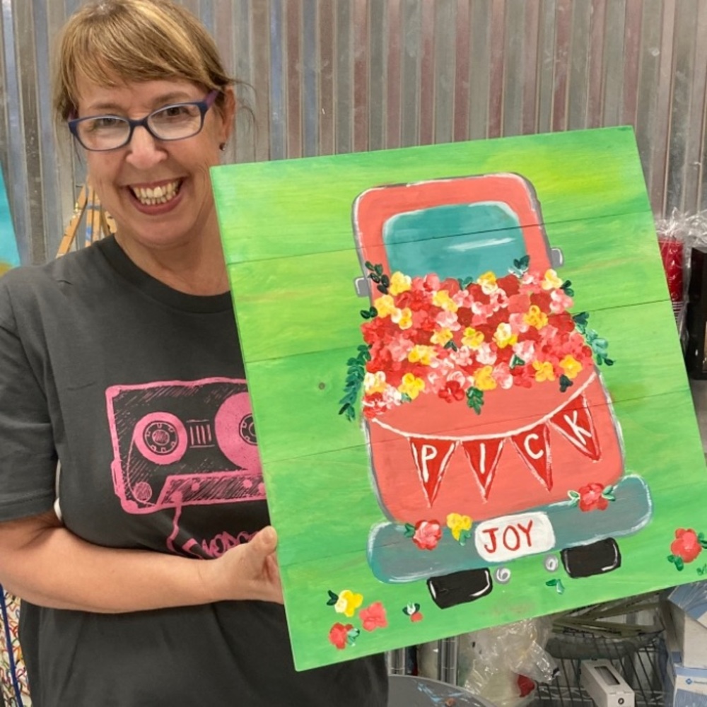 PICK JOY handmade painting on wood farmhouse floral pickup truck made by me